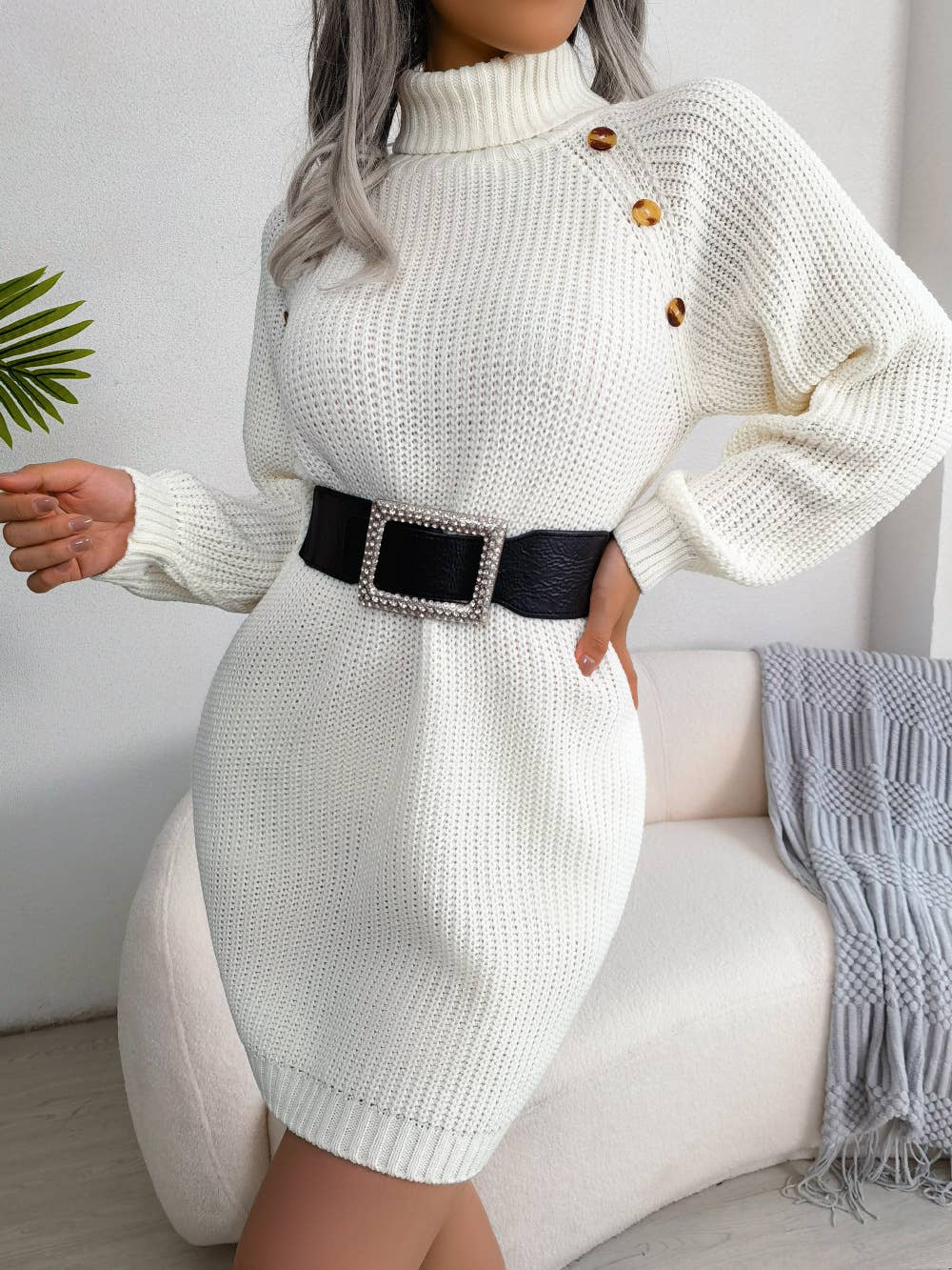 BUTTON-UP TURTLENECK LONG-SLEEVED SWEATER DRESS