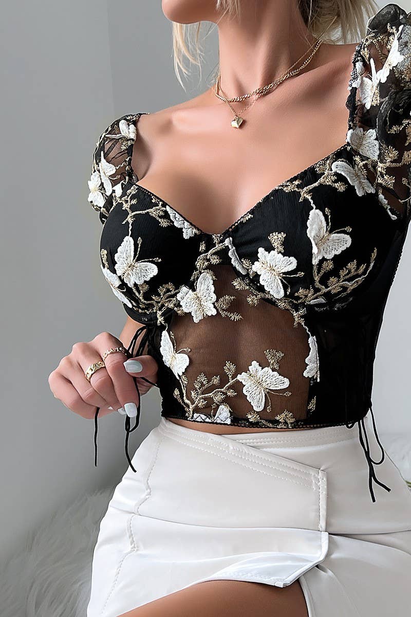 CWTBLS0491_DEEP V-NECK SHORT SLEEVE SEXY MESH PRINT TOP