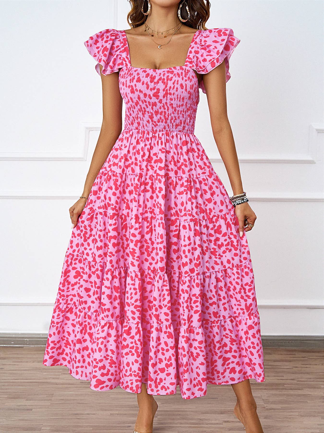 CASUAL SQUARE COLLAR PRINT PLEATED DRESS