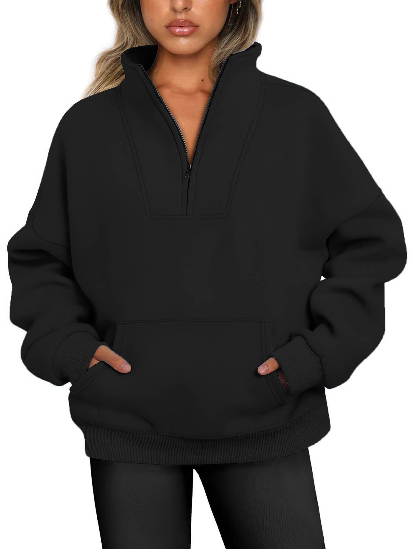 ZIPPER LOOSE STAND COLLAR SOLID COLOR HOODIE