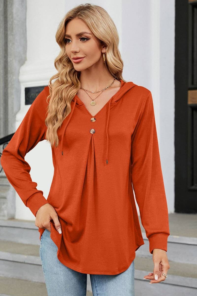 CWTBLL2682_SOLID COLOR DRAWSTRING LONG-SLEEVED HOODED TOP