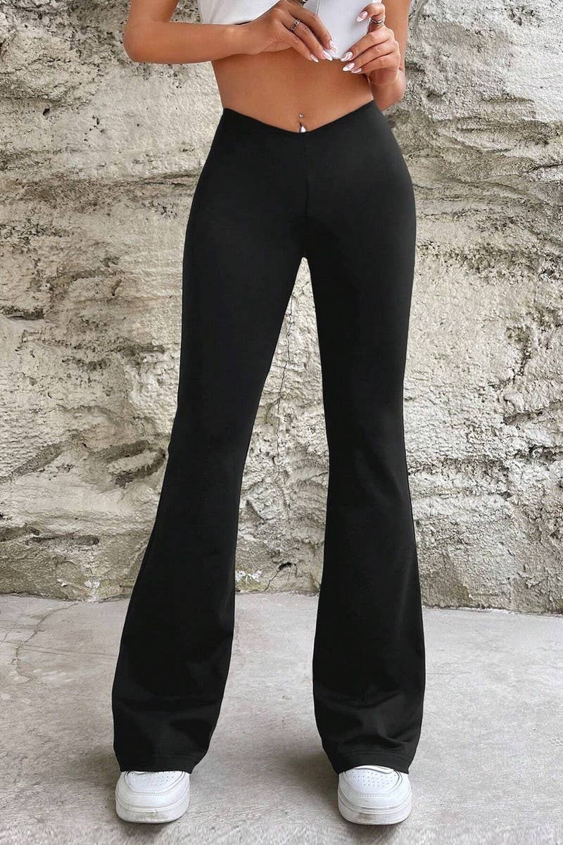 CWBLP1425_SOLID COLOR V-WAIST SLIM FLARED TROUSERS
