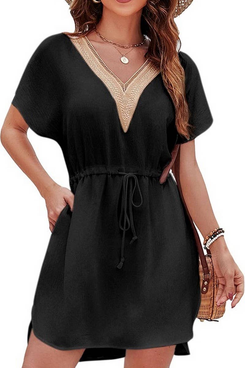 CWDSD8712_LACE TRIM V-NECK SMOCKED WAIST VACATION DRESS