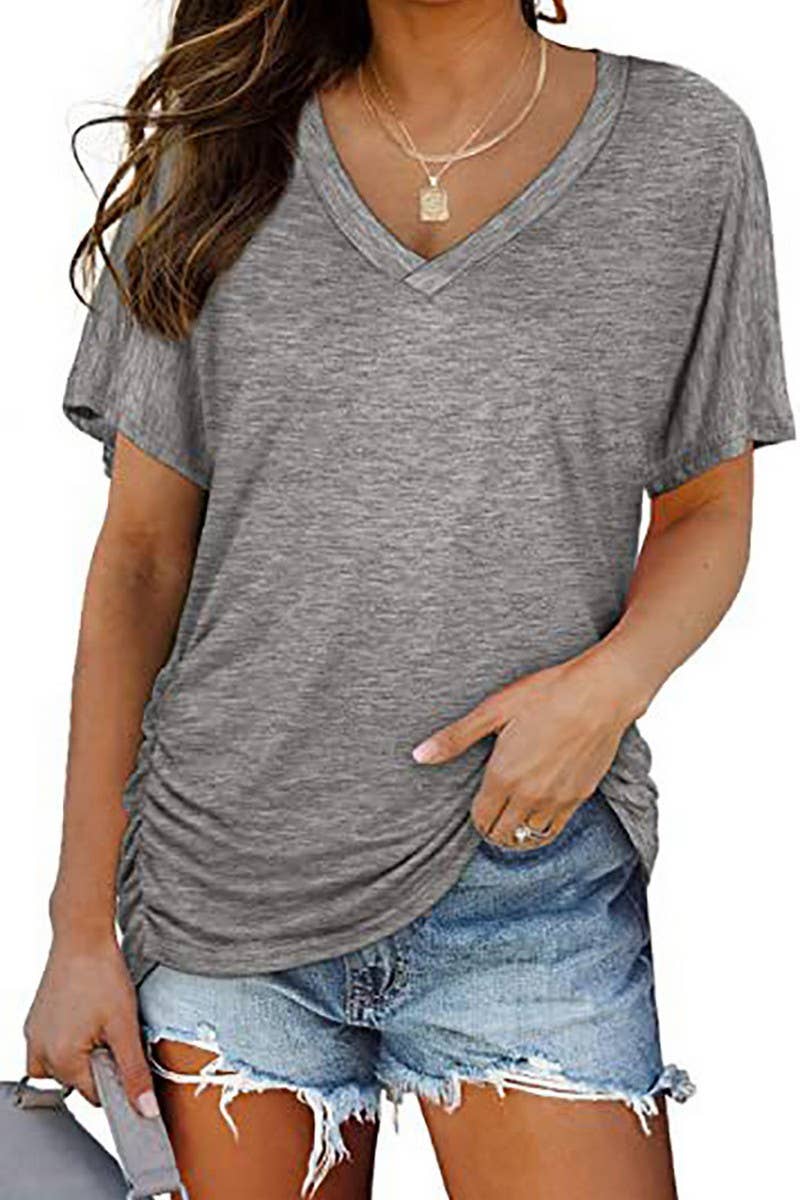 CWTTS1178_V-NECK SOLID COLOR CASUAL LOOSE TOP