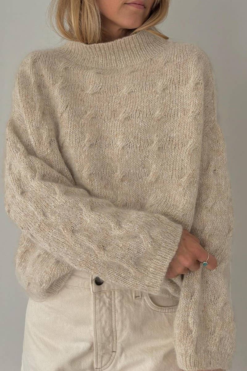 CWOSWL07454_HIGH NECK CASUAL LOOSE CABLE KNIT SWEATER