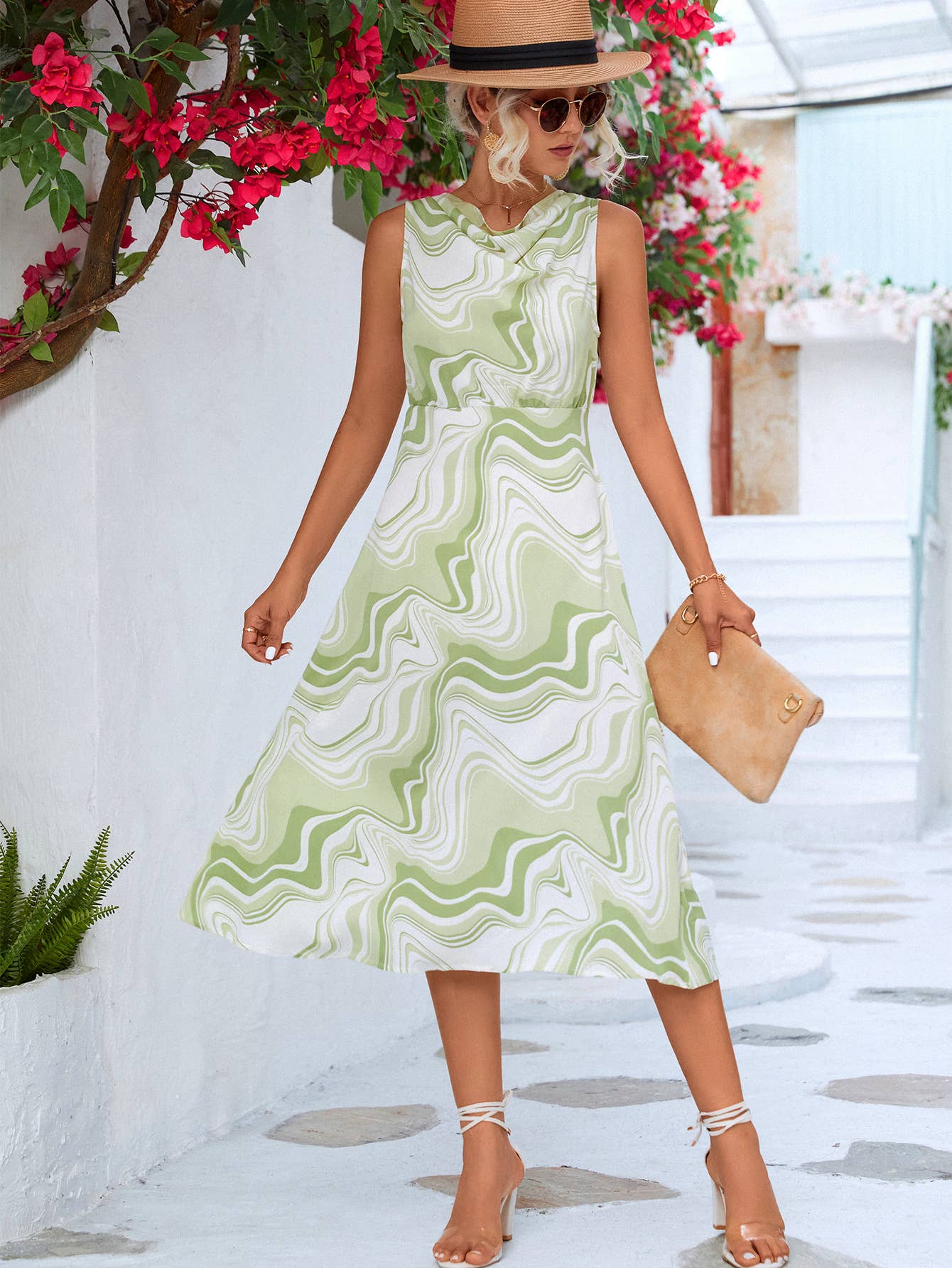 Abstract printed round-neck cinched waist dress