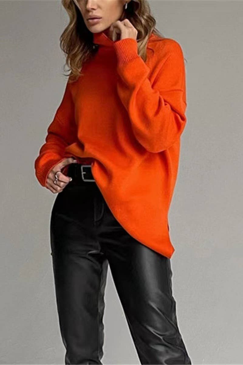 CWOSWL07651_SOLID COLOR HIGH COLLAR SLIT KNITTED TOP