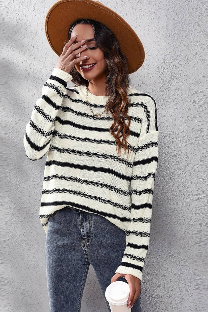 CWOSWL6406_STYLISH STRIPED CREW NECK LONG-SLEEVED SWEATER
