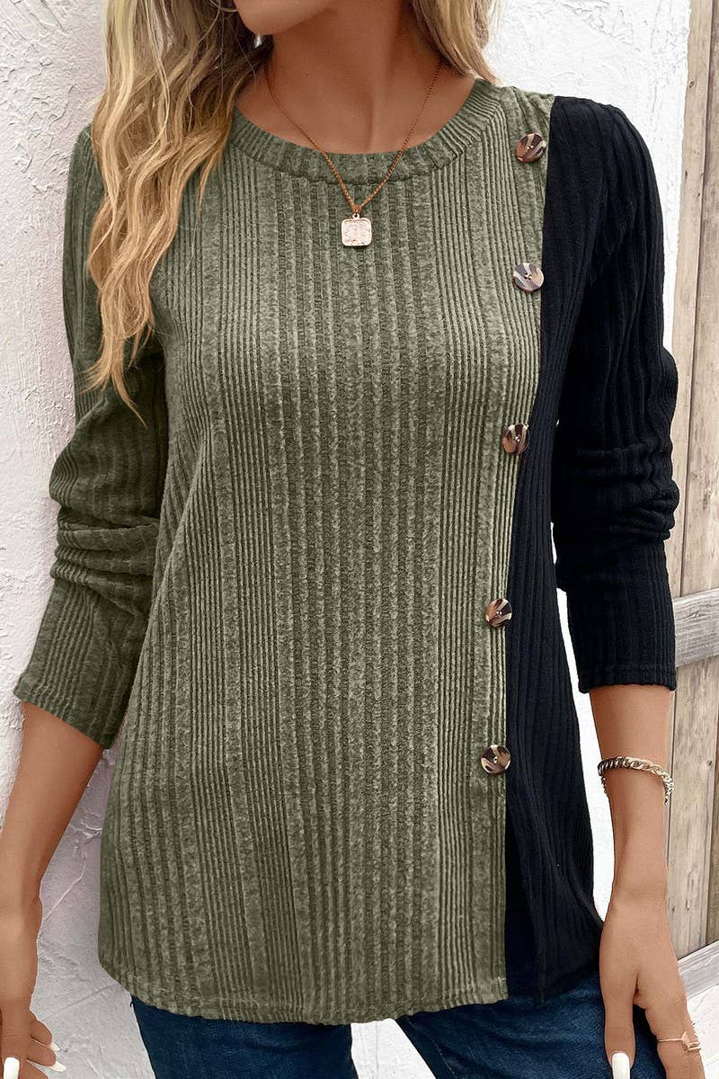 CWTBLL3195_COLORBLOCK CONTRAST BUTTON-DOWN SLIT CASUAL TOP