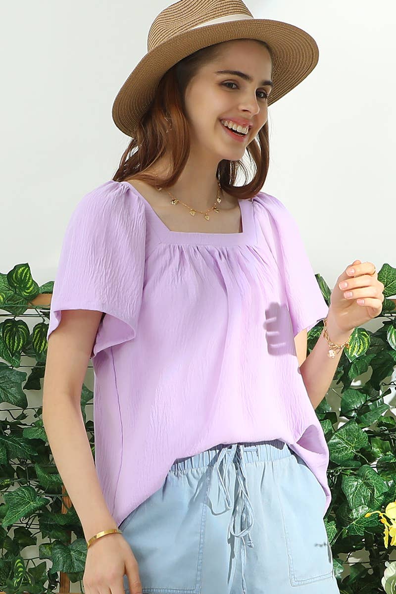 CWTBLS192_SQURE NECK RUFFLE NECK SHORT SLEEVE BLOUSES TOP