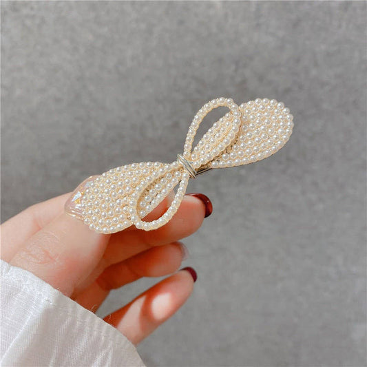 RHINESTONE BOW PEARL DOUBLE LAYER HAIR CLIP