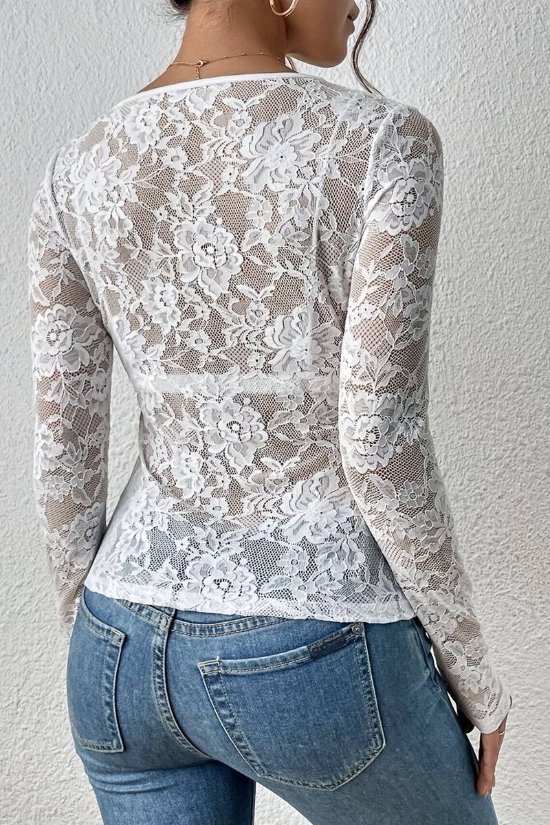 CWTBLL3461_V-NECK SINGLE LAYER FLORAL LACE BOTTOMING TOP