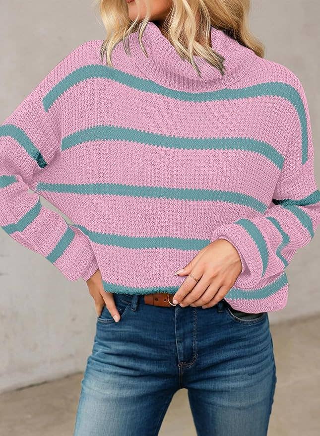 CASUAL TURTLENECK KNIT STRIPED PULLOVER SWEATER