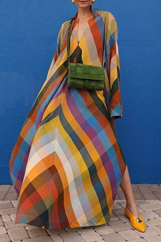CWDMD6111_LOOSE COLORBLOCK V-NECK SIDE SLIT MAXI DRESS