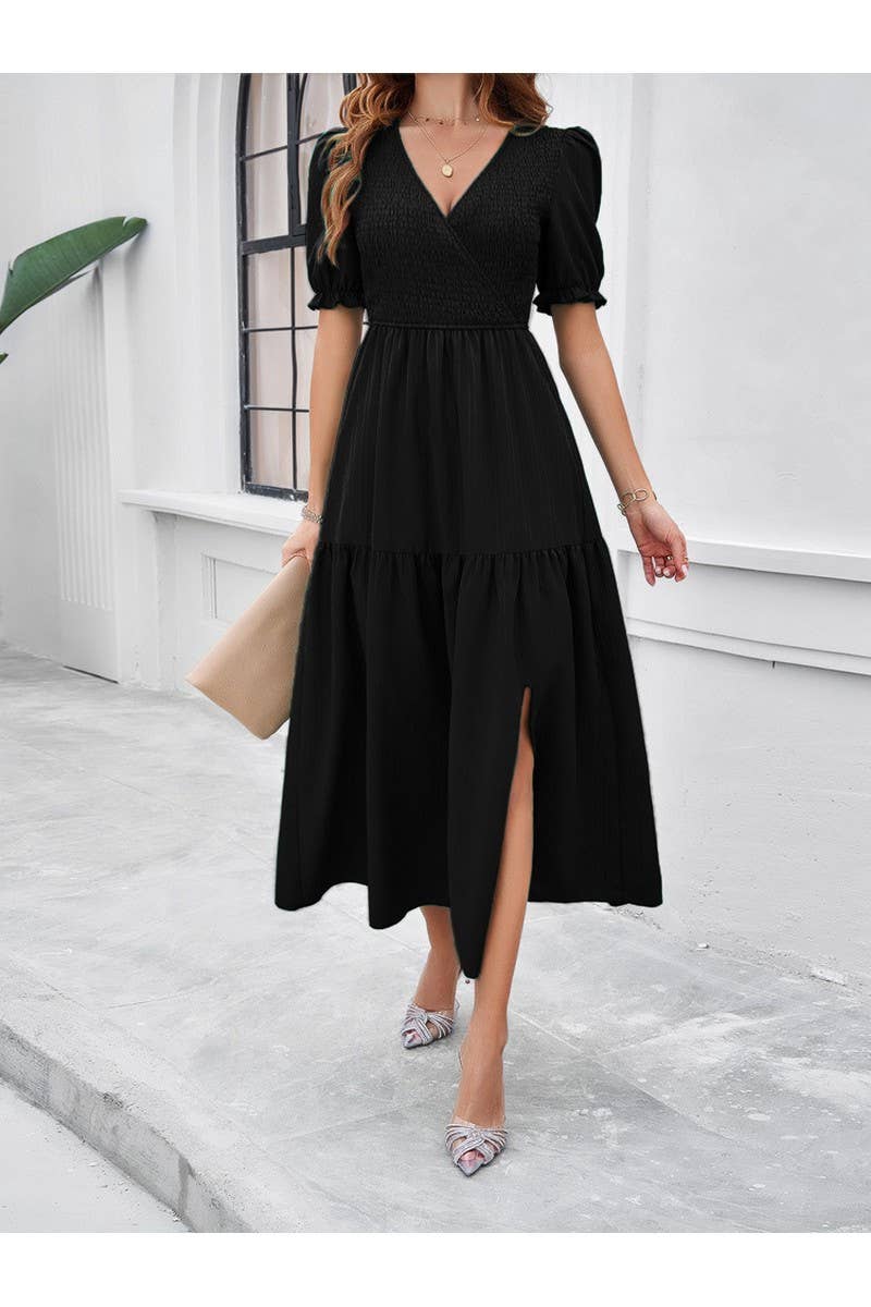 CWDMD2403_V-Neck Smocking Short Sleeve Split Midi Dress