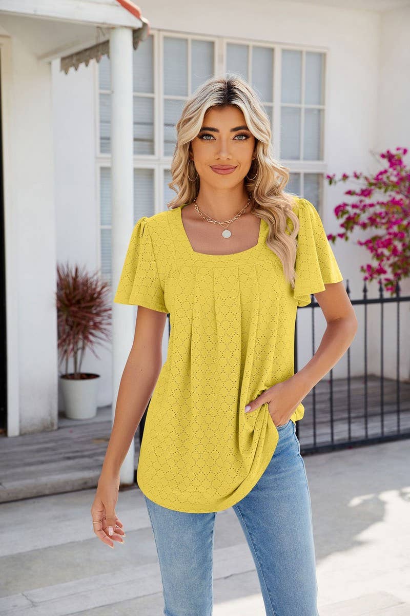 CWTTS0813_Squre Neck Short Ruffle Sleeve Knit Top