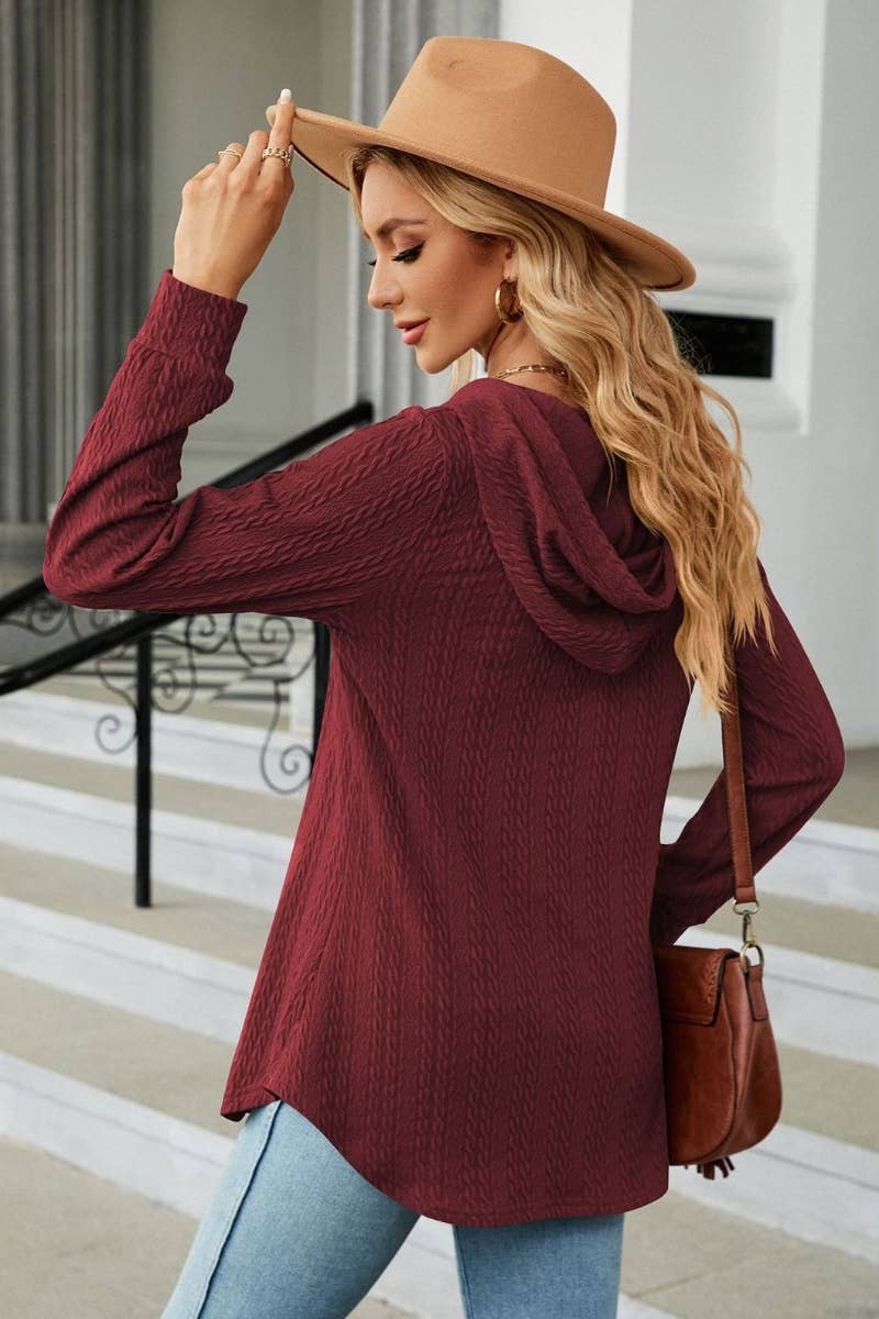 CWTBLL2794_FALL V-NECK HOODED LONG-SLEEVED KNIT TOP