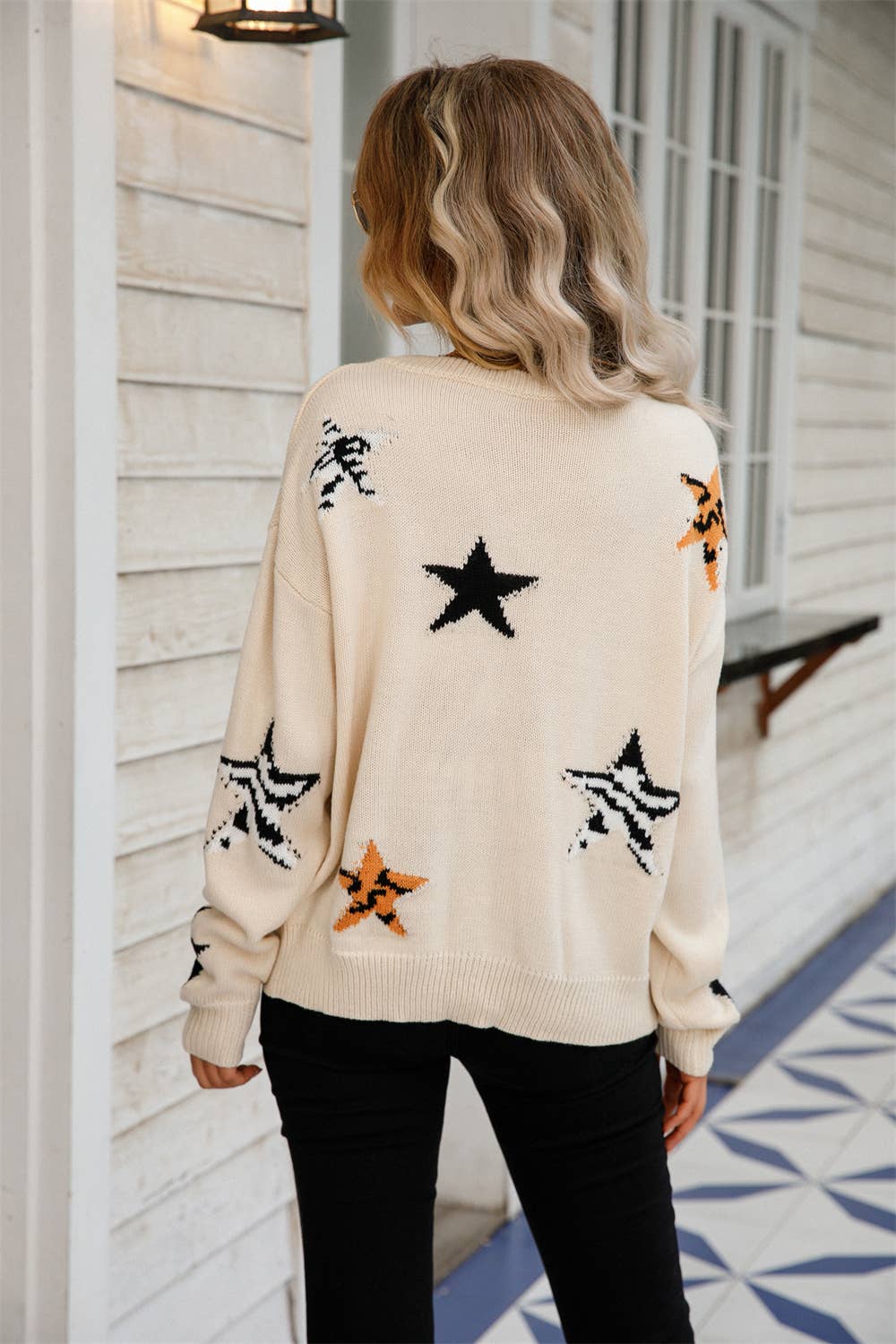 CREW-NECK STAR LONG-SLEEVED PULLOVER SWEATER