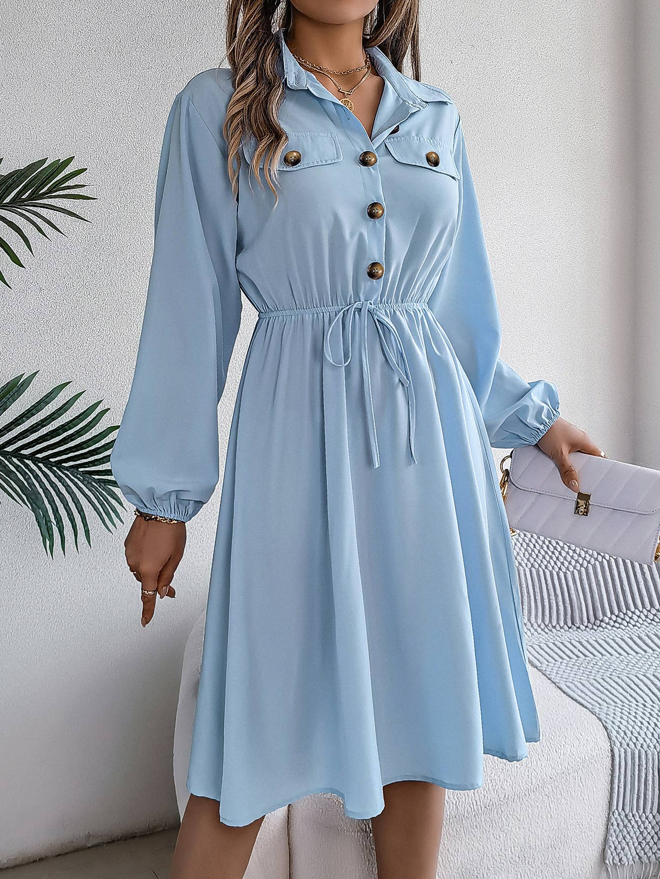 CASUAL BUTTON-UP WAIST LONG SLEEVE SHIRT DRESS