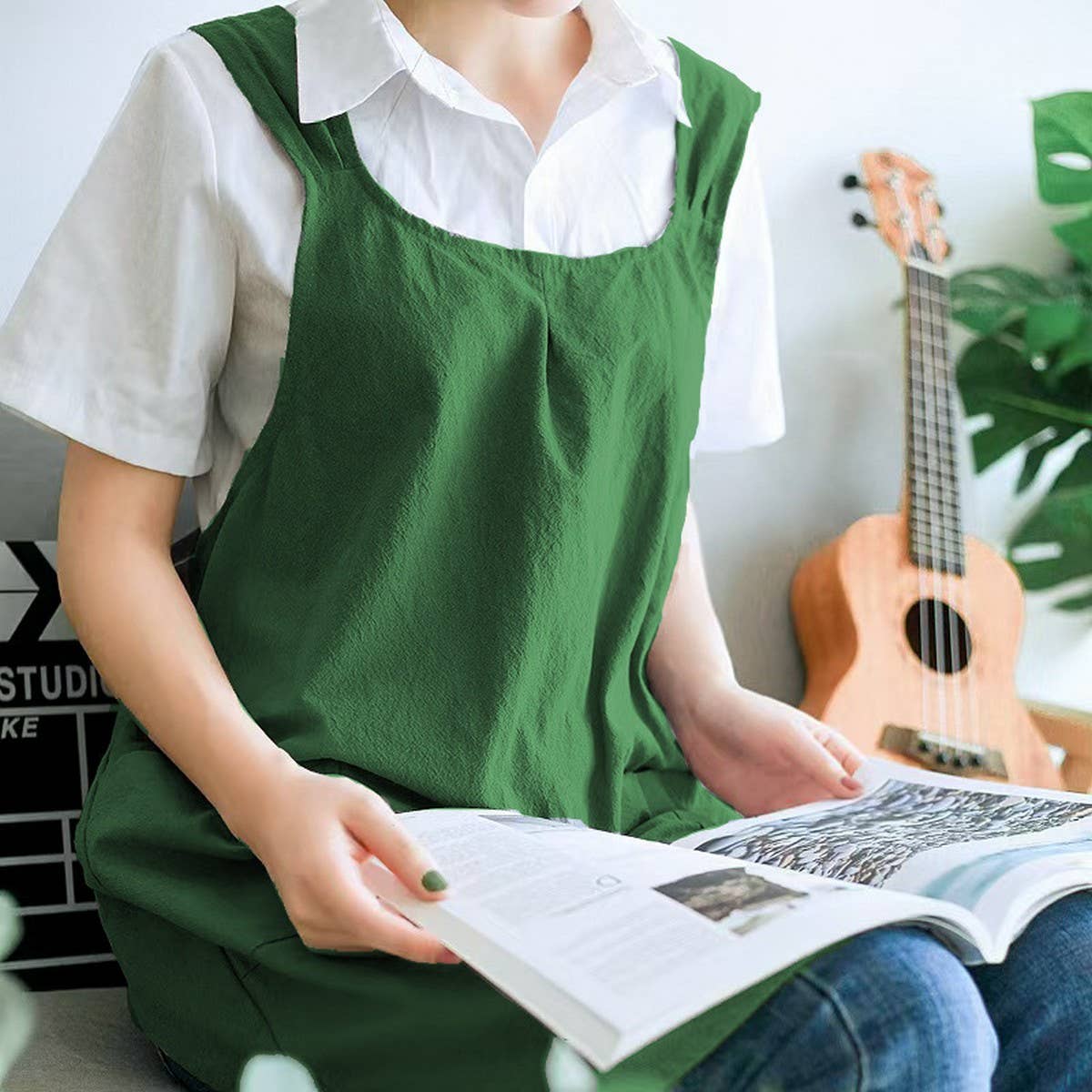 CWAB3993_COTTON AND LINEN SOLID COLOR TIE-FREE WORK APRON