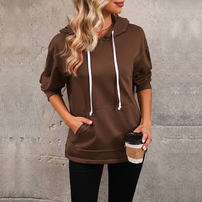 CASUAL WOMEN'S SOLID COLOR POCKET HOODIE