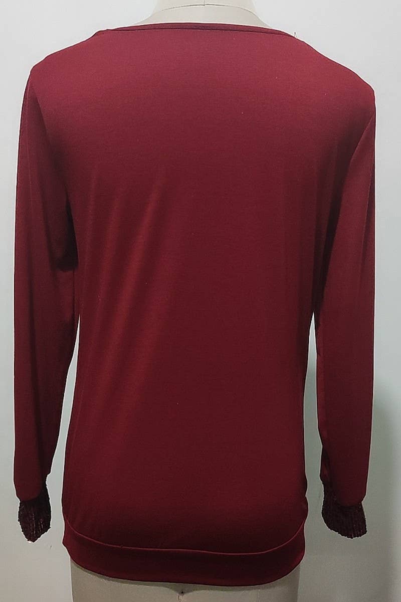 CWTBLL2791_U-NECK SOLID COLOR SEQUINED LONG-SLEEVED TOP