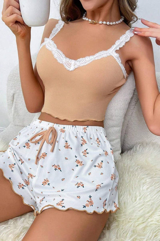 CWSPJ00477_FLORAL LACE CAMI AND SHORTS LOUNGEWEAR SET