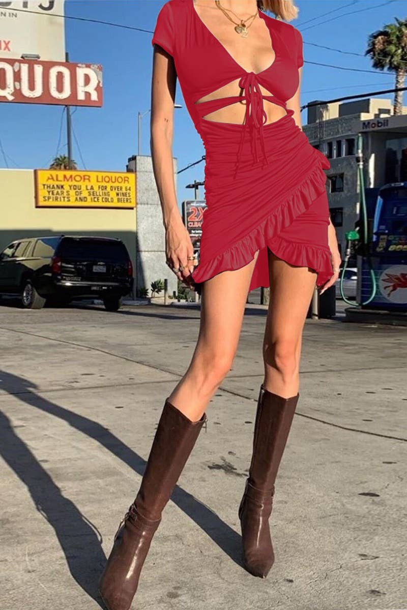 CWDSD10766_DEEP V CUTOUT RUFFLE BODYCON SEXY DRESS