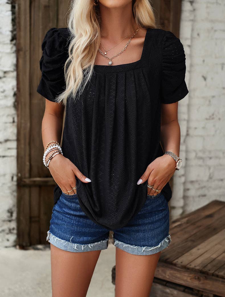 CASUAL SOLID COLOR SQUARE COLLAR SHIRT TOP