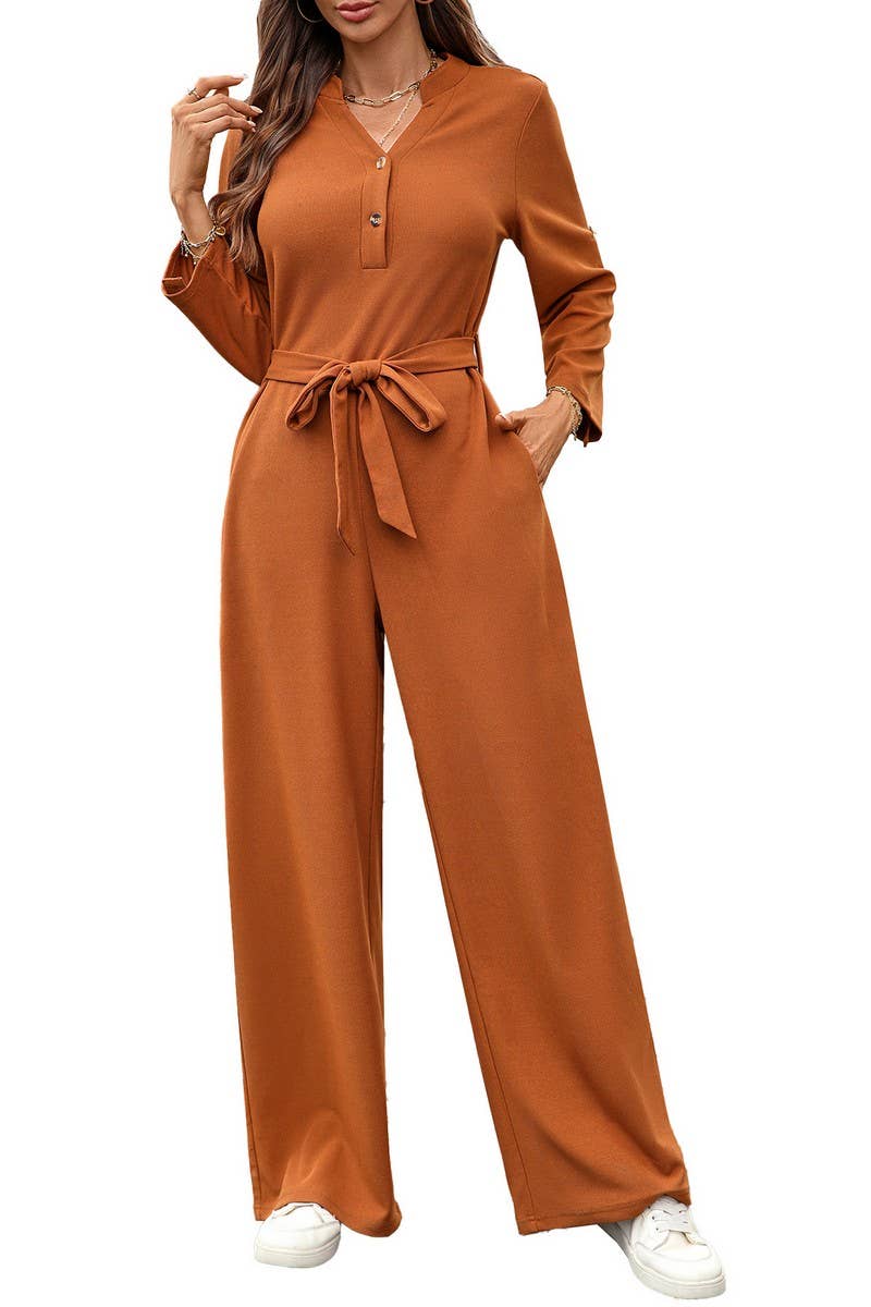 CWSJS00303_SOLID HIGH WAIST TIE BUTTON LONG SLEEVE JUMPSUIT