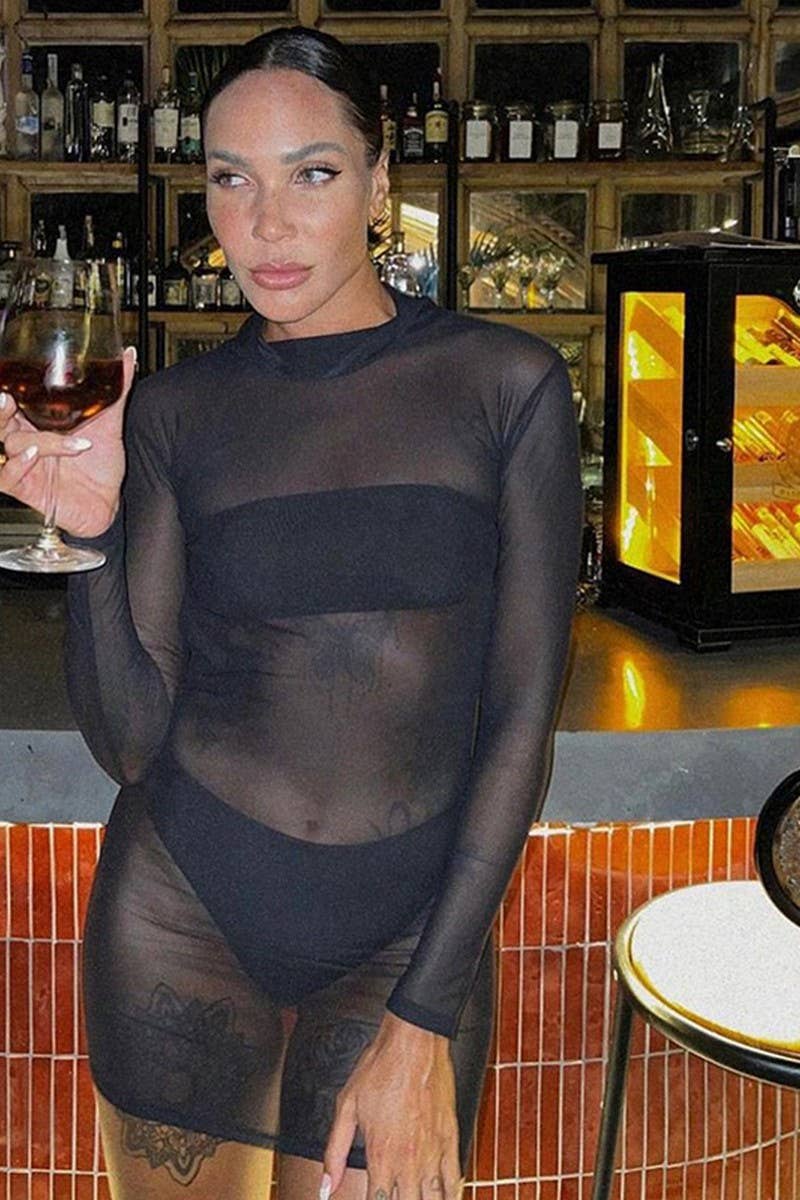 CWDSD7961_BACKLESS MESH FLARE SLEEVE BODYCON MINI DRESS