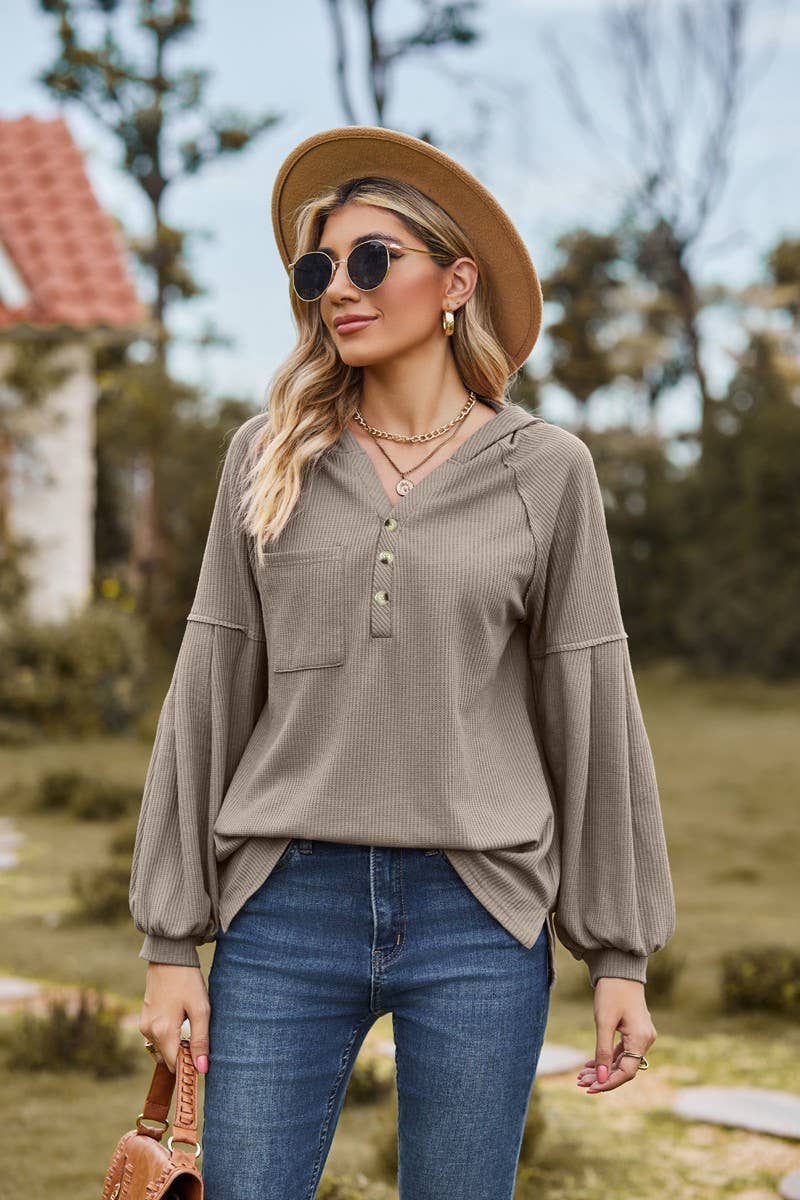 CWOHOL1095_NEW HOODED BUTTON LOOSE LONG-SLEEVED SWEATSHIRT