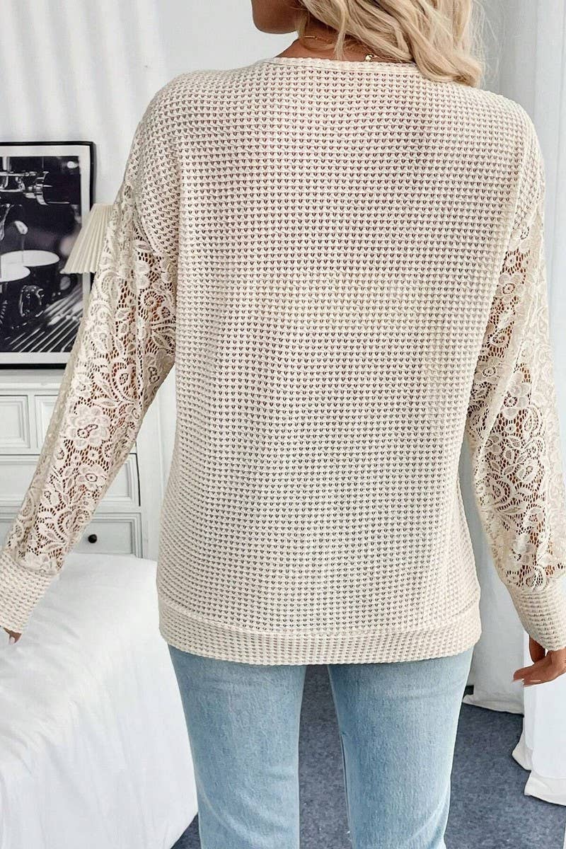 CWTBLL3533_SOLID V-NECK LACE PANEL LONG SLEEVE T-SHIRT TOP