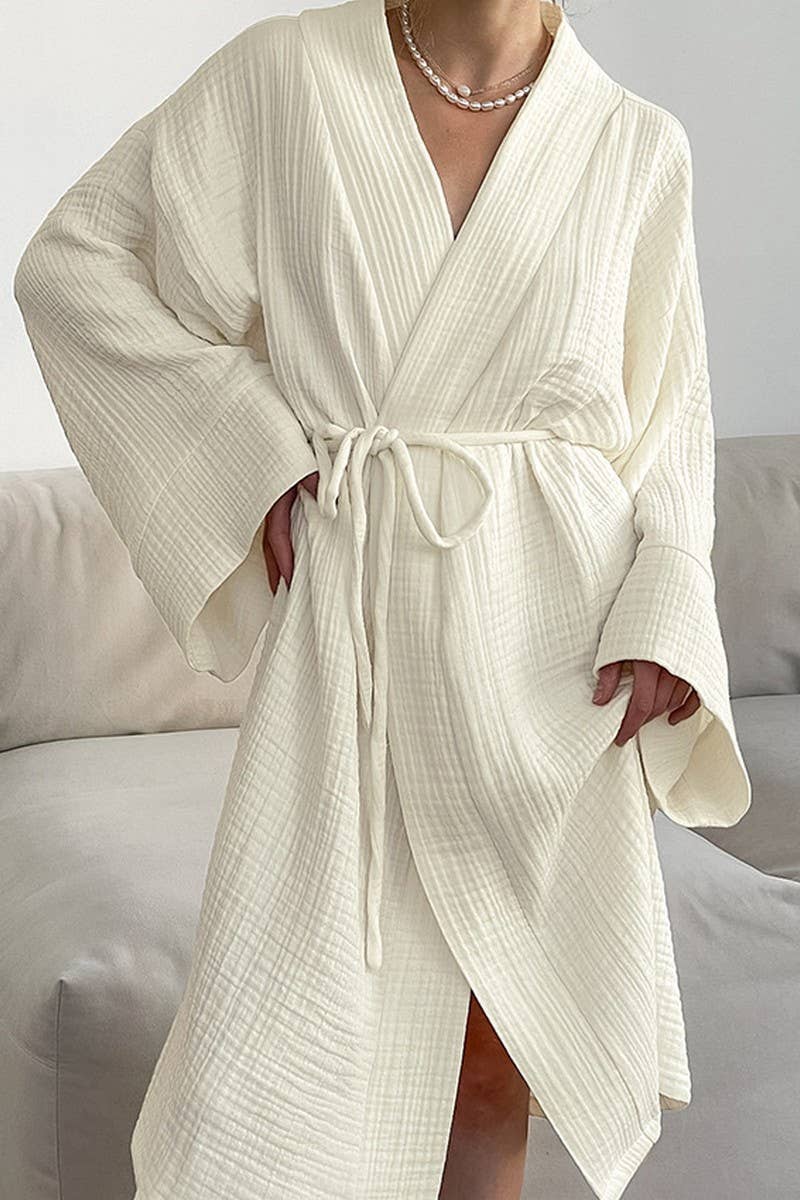 CWSPJ00523_COTTON ROBE WOMEN BREATHABLE LOUNGEWEAR WITH BELT