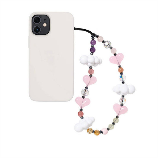 CWMM8725_WHITE CLOUD HEART BEADED MOBILE PHONE CHAIN
