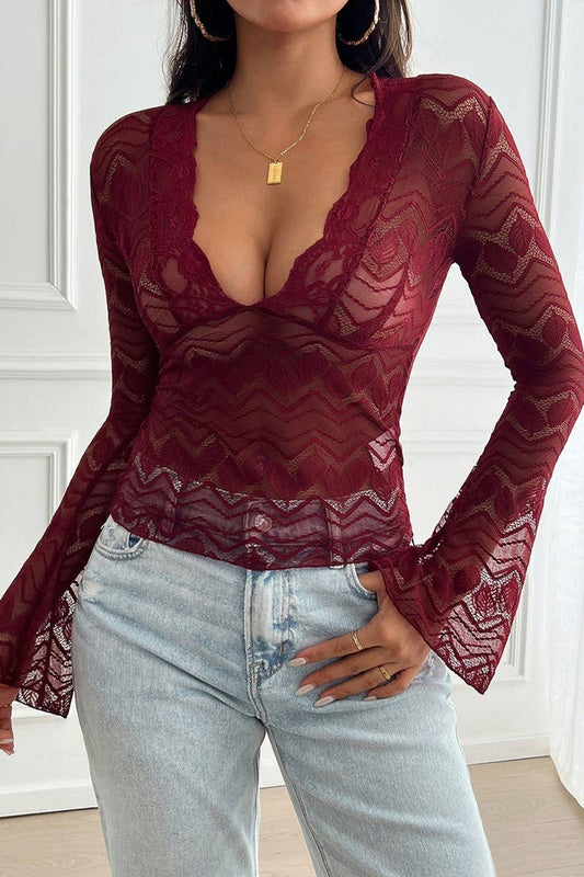 CWTBLL2773_TRUMPET SLEEVE HOLLOW V-NECK SEXY LACE SHIRT