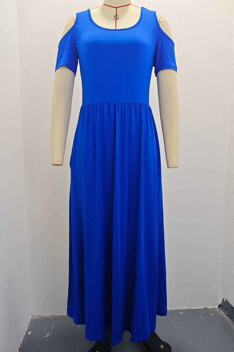 CWDMD2070_ROUND NECK FASHIONABLE SHORT SLEEVE LONG DRESS