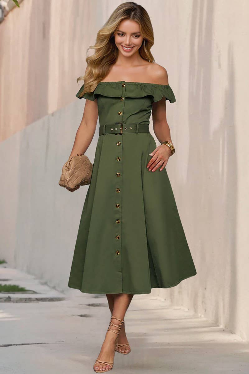 CWDMD6200_VINTAGE OFF SHOULDER RUFFLE BELTED A-LINE DRESS