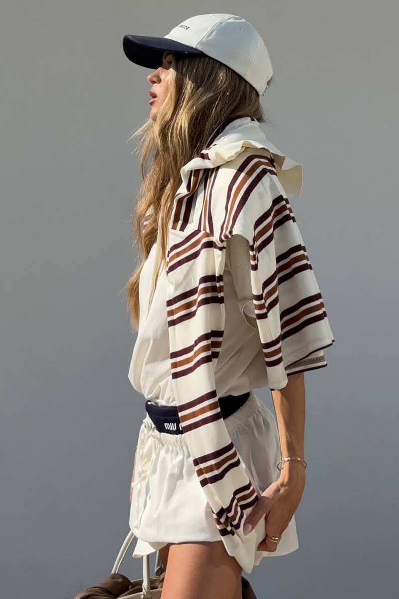 CWTBLL00563_LOOSE STRIPED POLO NECK LONG-SLEEVED TOP