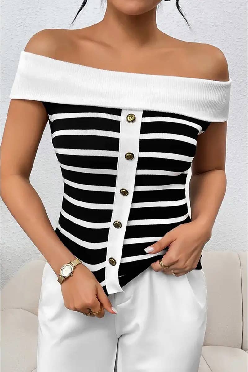 CWTTS1306_FASHION STRIPED OFF-SHOULDER BOAT NECK SWEATER