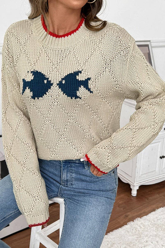 CWOSWL07131_CONTRAST-TRIMMED FISH PATTERN PULLOVER SWEATER