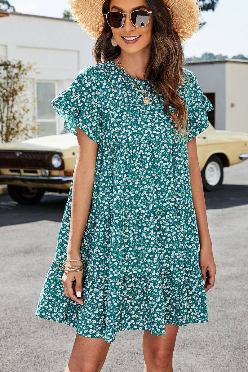 CWDSD2702_Round neck Print Short Sleeve Dress