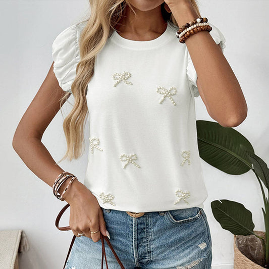 Casual round-neck beaded puffed sleeve T-shirt