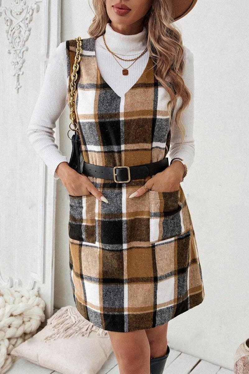 CASUAL PLAID KNEE-LENGTH SLEEVELESS V-NECK DRESS