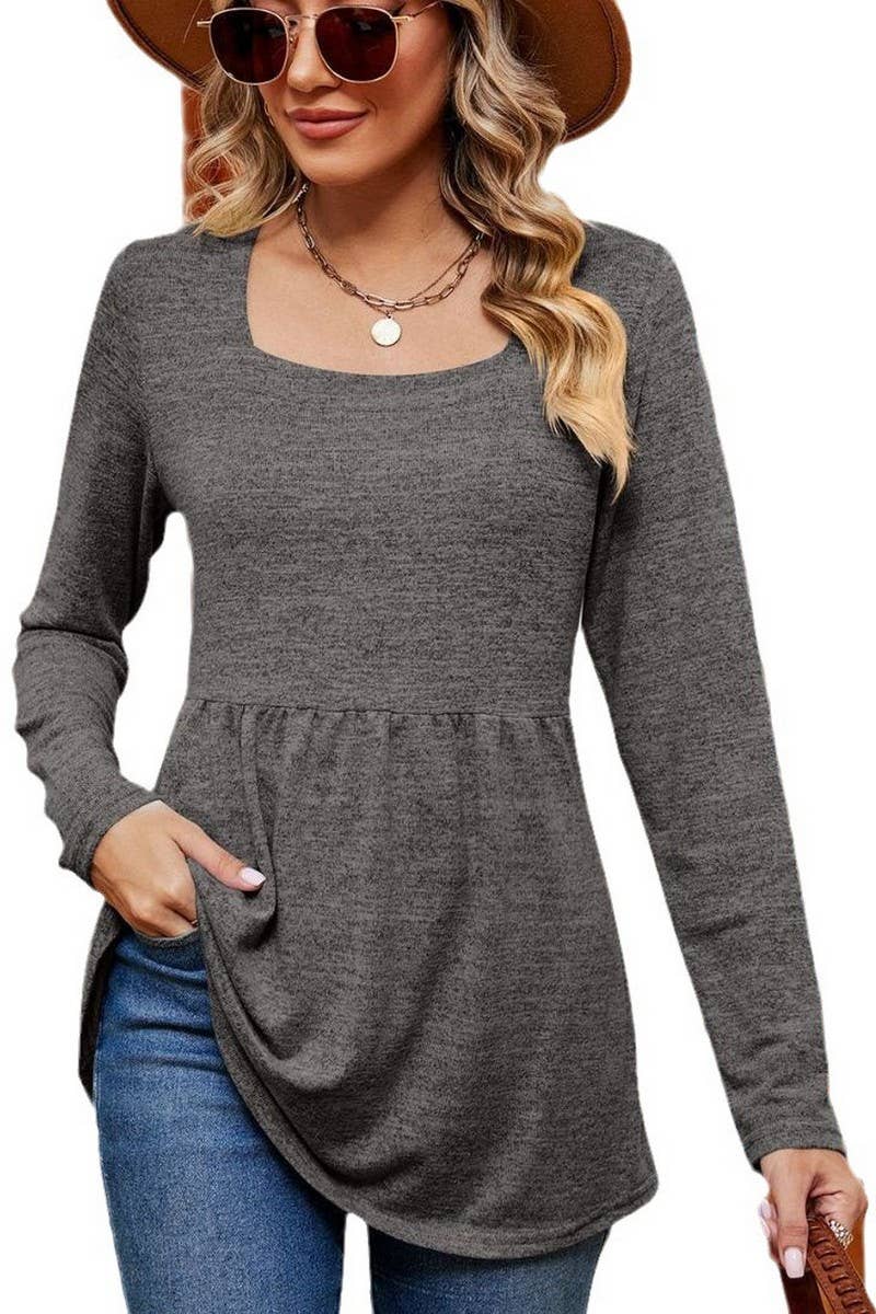 CWTBLL2397_SQUARE NECK LONG SLEEVE WAISTED MID-LENGTH TOP