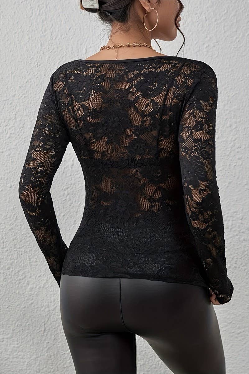CWTBLL3461_V-NECK SINGLE LAYER FLORAL LACE BOTTOMING TOP