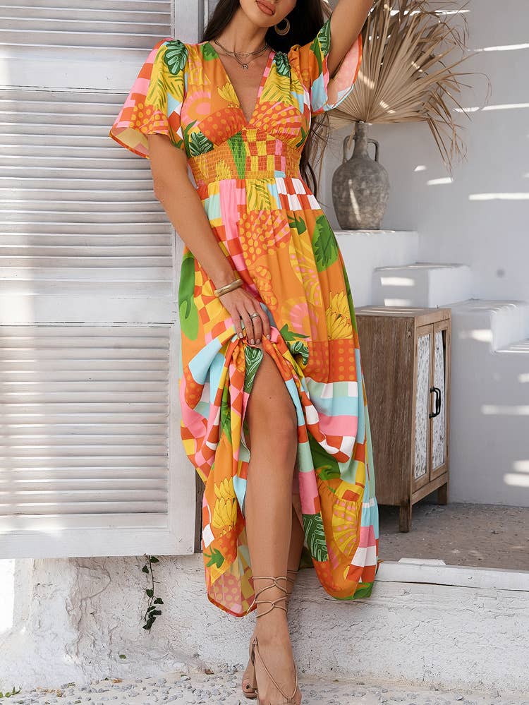 Bohemian Floral V-Neck High-Waist Dress