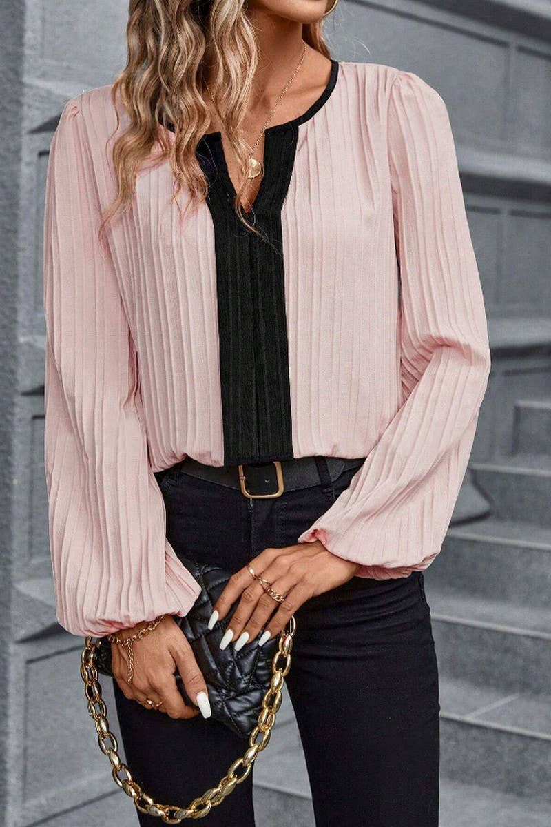 CWTBLL4007_COLORBLOCK V-NECK PUFF SLEEVE LONG SLEEVE SHIRT