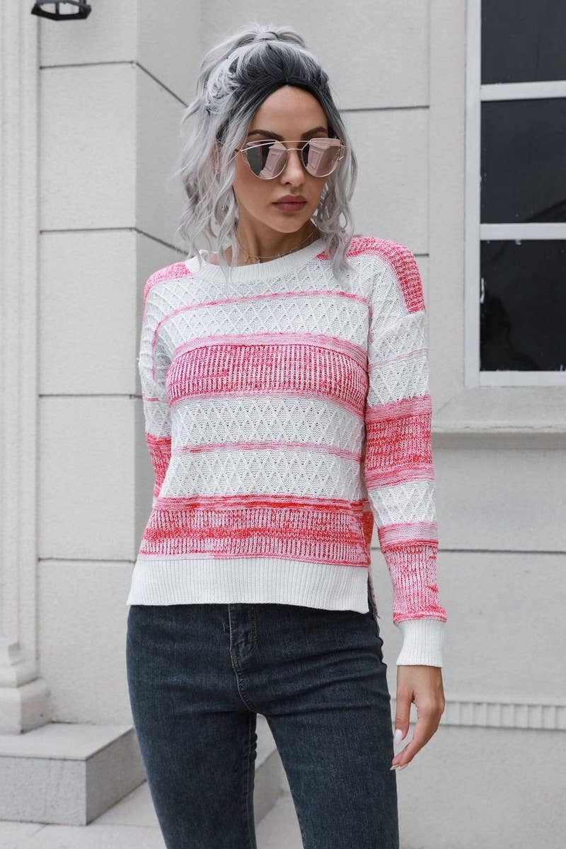 CWOSWL4155_STRIPED SLIT SHORT FRONT AND LONG BACK SWEATER