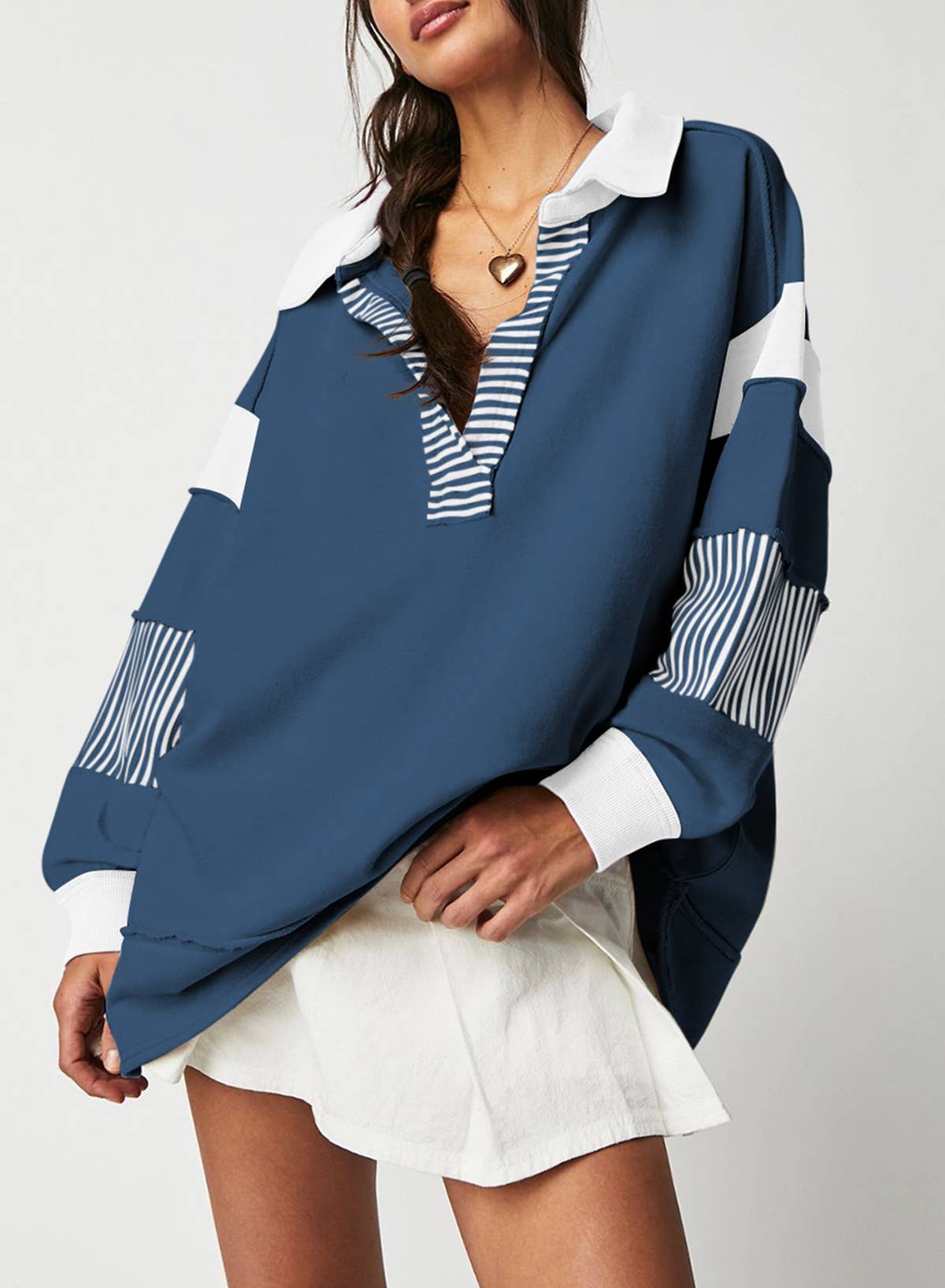 Deep V-neck striped and colored-color hoodie